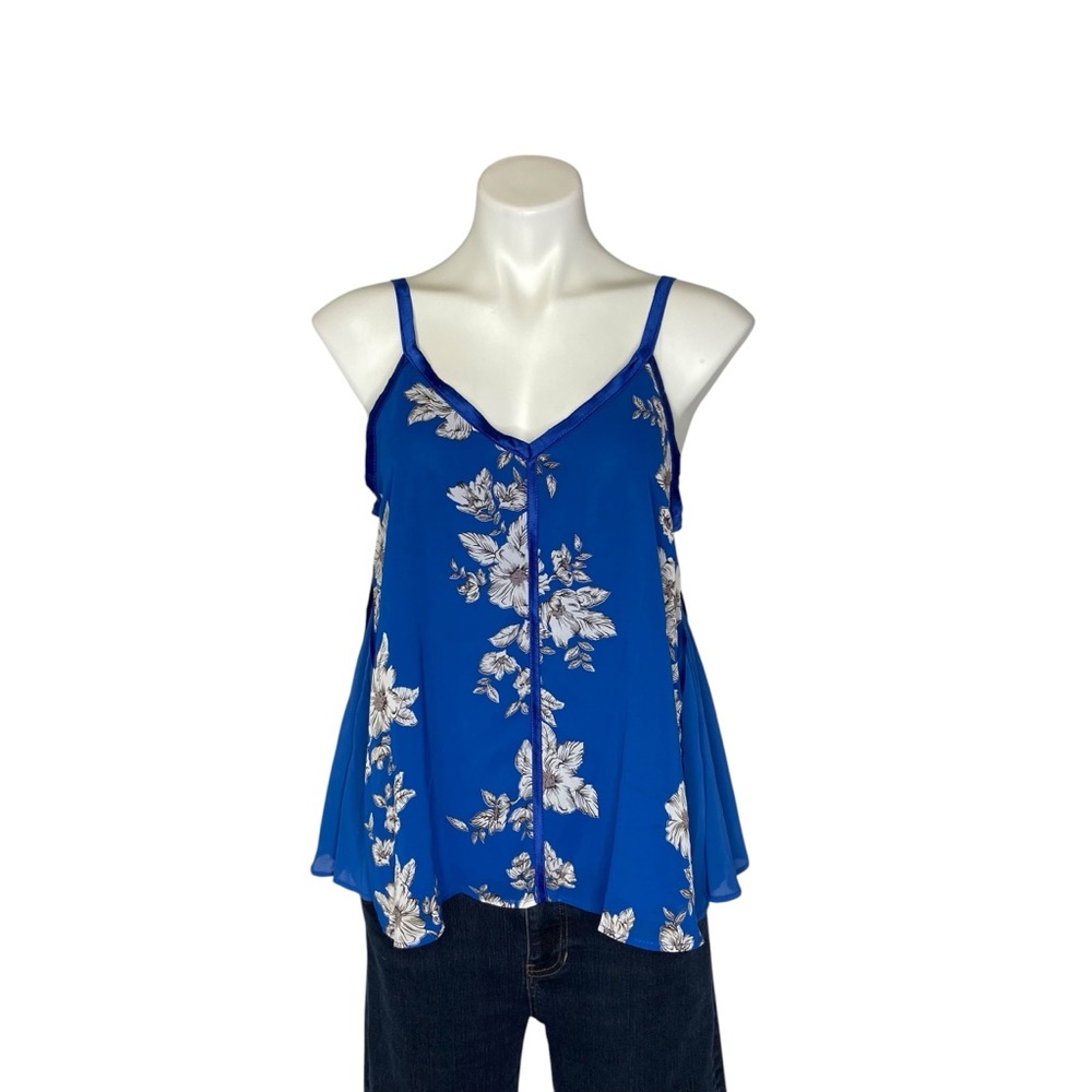 CURRENT AIR Floral Swing Tank Top V Neck Satin Trim Blue White Womens Small